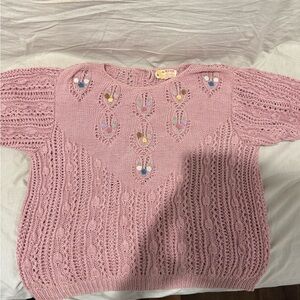 Pink Hand-Knit Eyelet Pullover with Floral Embroidery